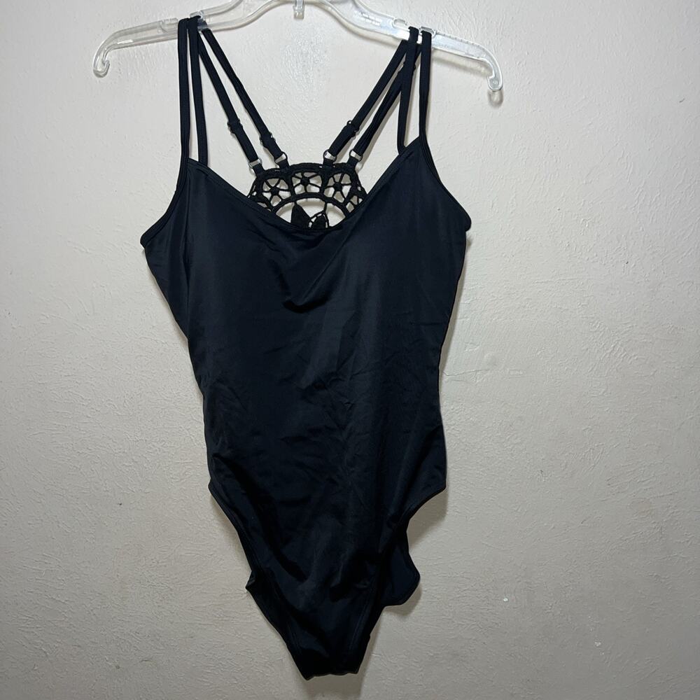 NWT Shape FX Womens Swimsuit One Piece Black Crochet Mesh Lace Size 12 New 02006